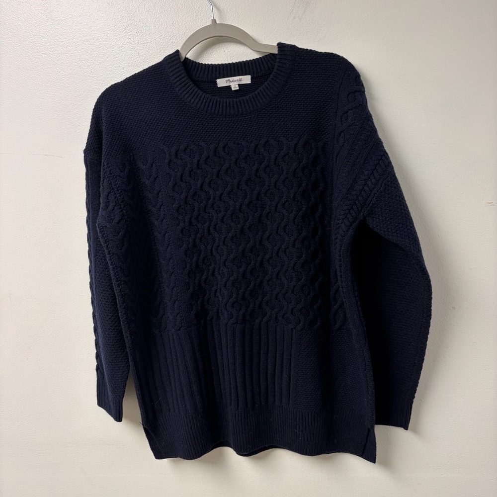 Madewell NWOT Patchwork Cableknit Tunic Crewneck‎ Navy Sweater Size Medium - Picture 3 of 7